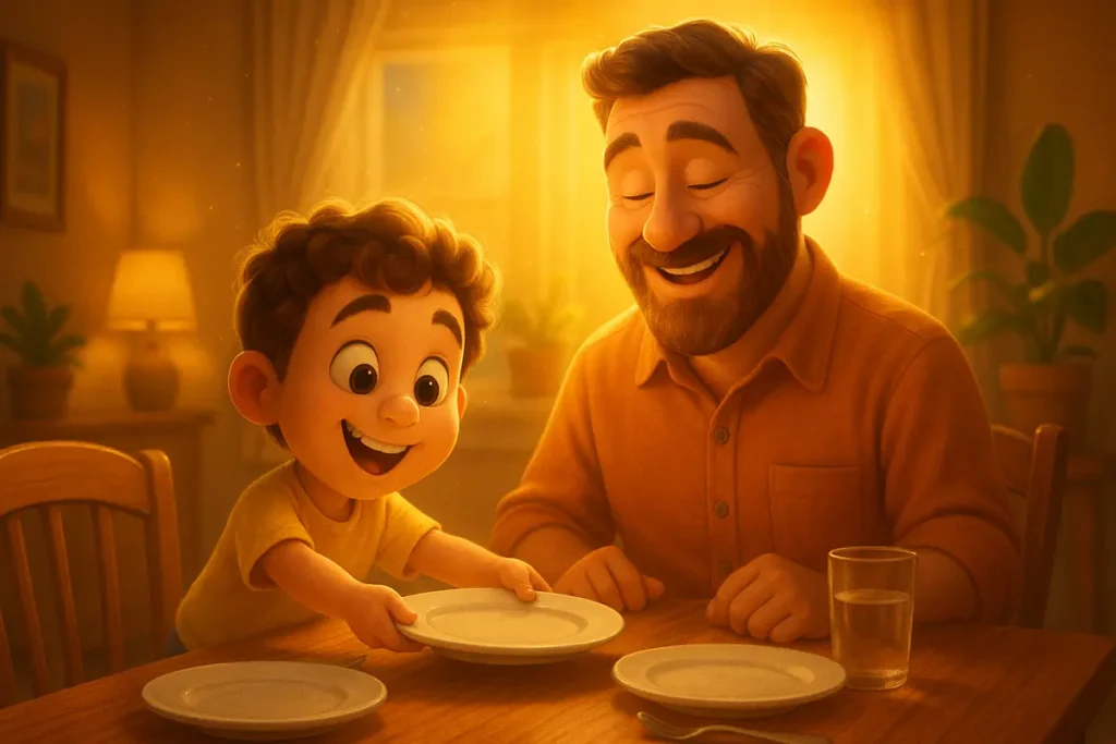 Smiling child helping parent at home with warm glow, symbolizing obedience and love from Colossians 3:20