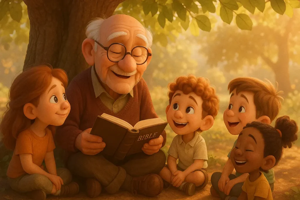 Children gathered under a tree listening to an elder reading the Bible, inspired by Psalm 34:11