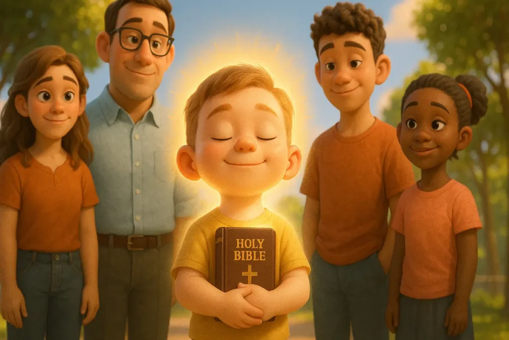Confident young child holding a Bible while standing among older people, showing faith and strength in youth