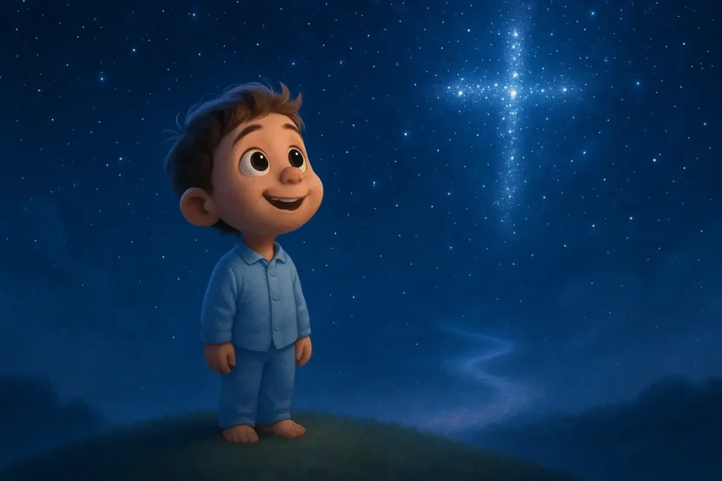 Child gazing at a starry night sky with hope and wonder, symbolizing faith from Hebrews 11:1