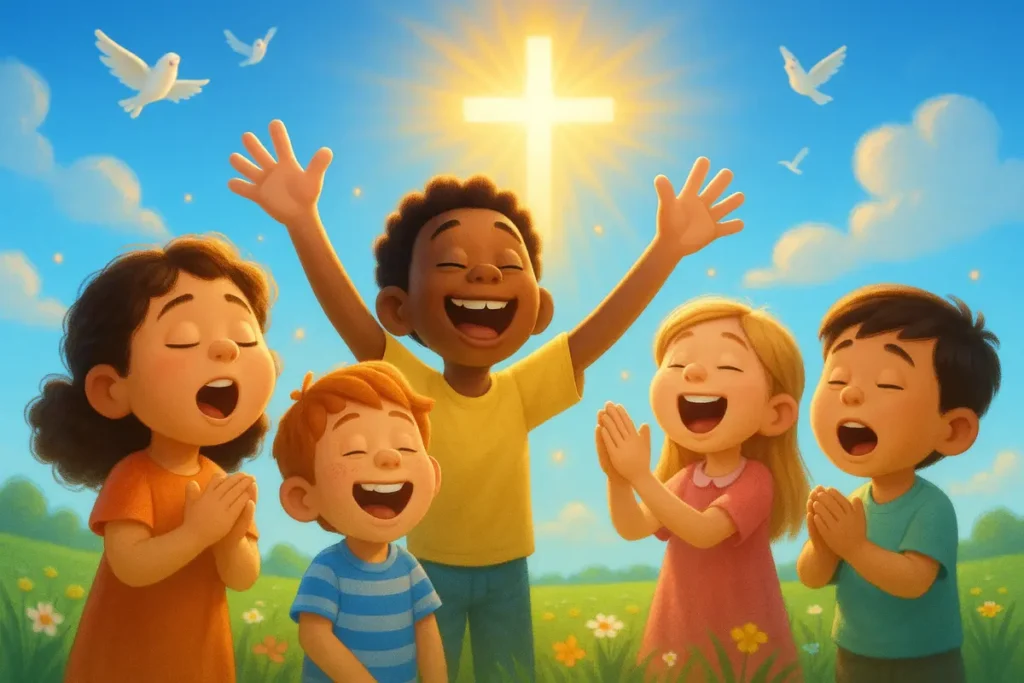 Happy children singing and praising God outdoors under blue sky, inspired by Psalm 8:2
