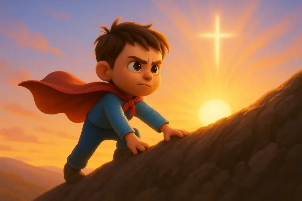 Confident child in a cape climbing a hill with sunrise and glowing cross, showing strength through Christ