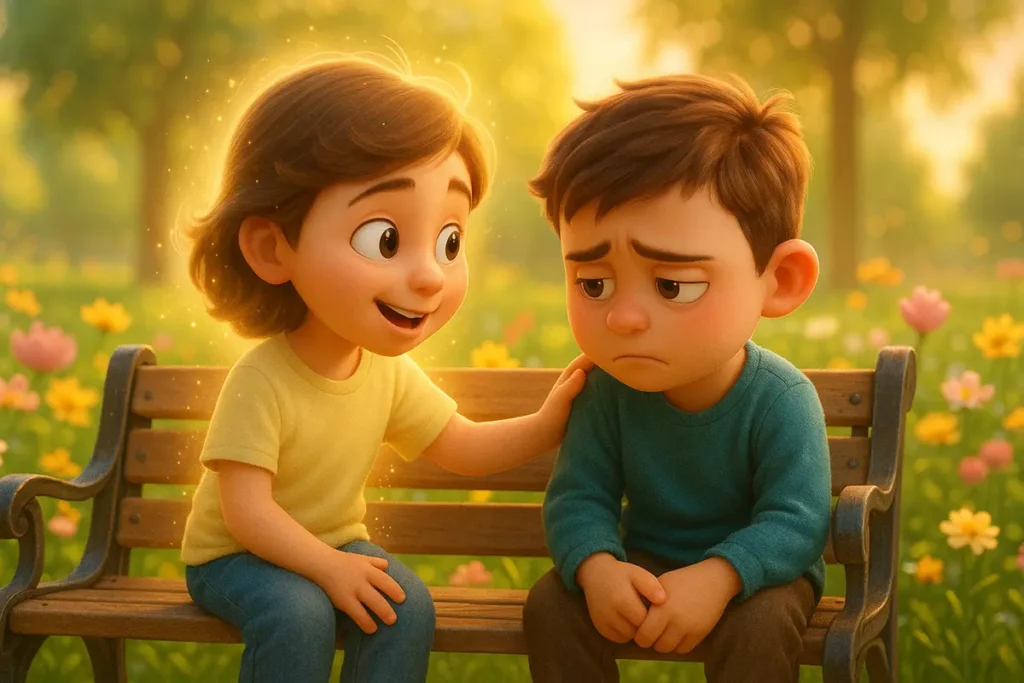 Child kindly comforting a sad friend in a sunny park, representing Psalm 19:14 about thoughtful speech
