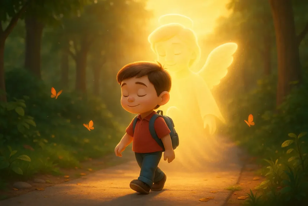 Child walking peacefully with backpack under divine light, showing God's protection from Psalm 121:8