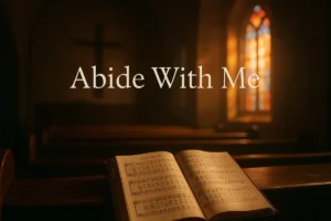 Open hymn book on wooden pew at sunset with warm light and stained glass, inspired by the hymn “Abide With Me”