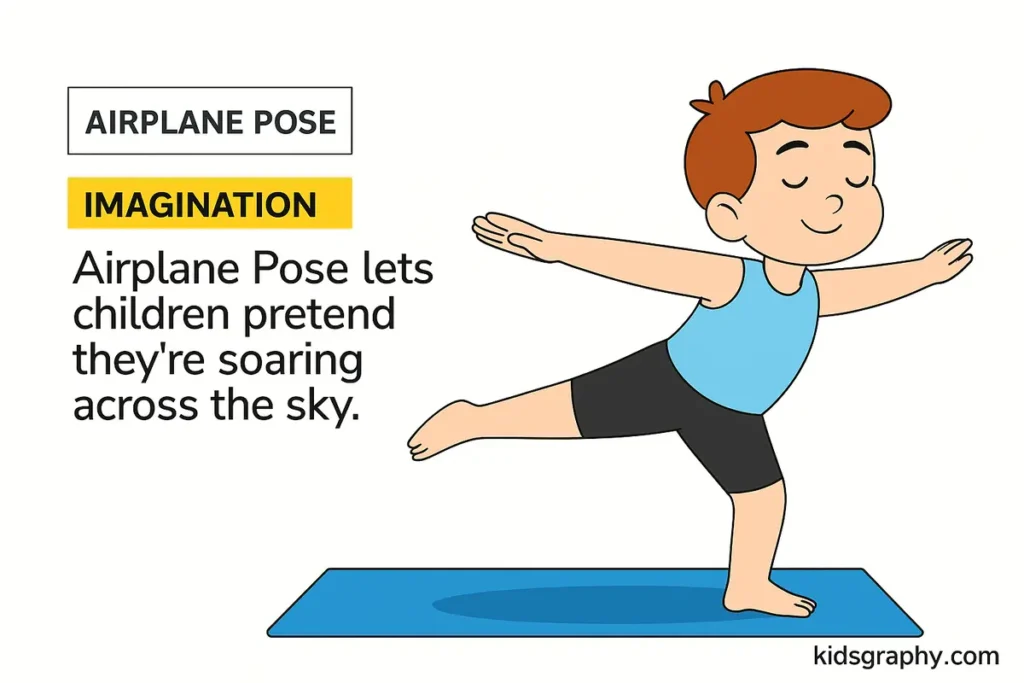 Young boy performing Airplane Pose (Warrior III variation) on a yoga mat with arms out like airplane wings