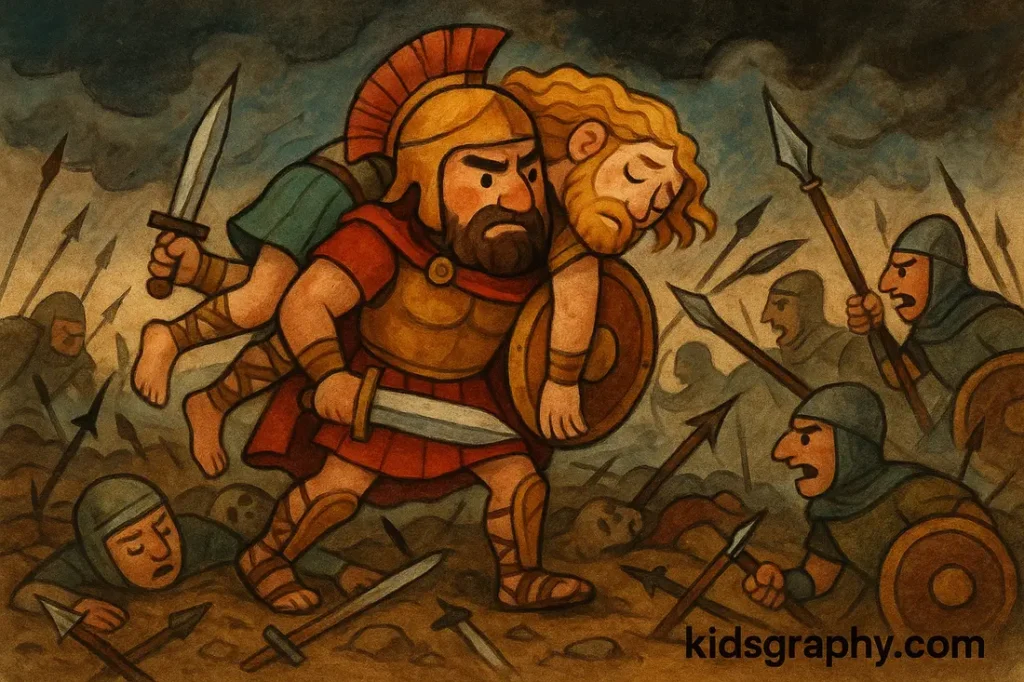 Ajax rescuing Achilles’s body in Greek mythology.