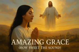 Realistic photo of a praying woman under sunlight with Jesus on a cloud, inspired by the hymn Amazing Grace