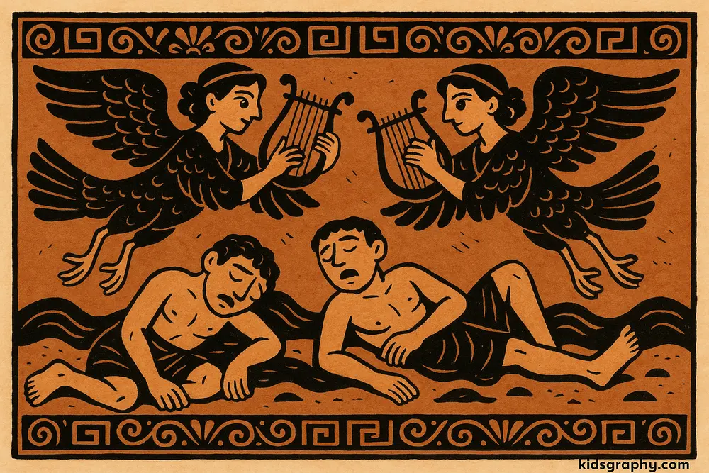 Greek vase painting showing sirens and sailors in mythology.