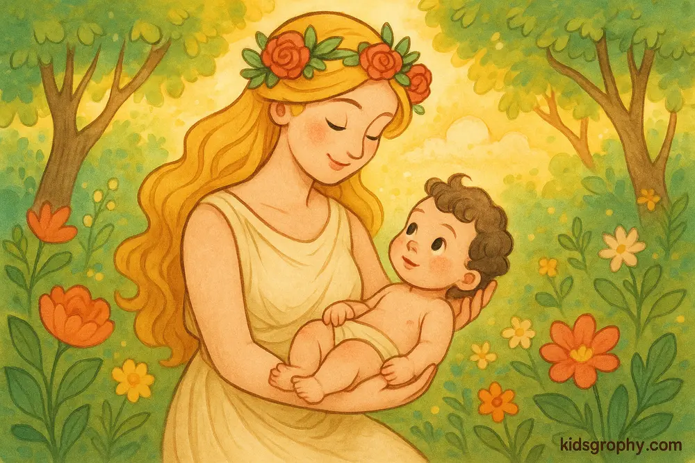 Aphrodite holding baby Adonis in a garden.