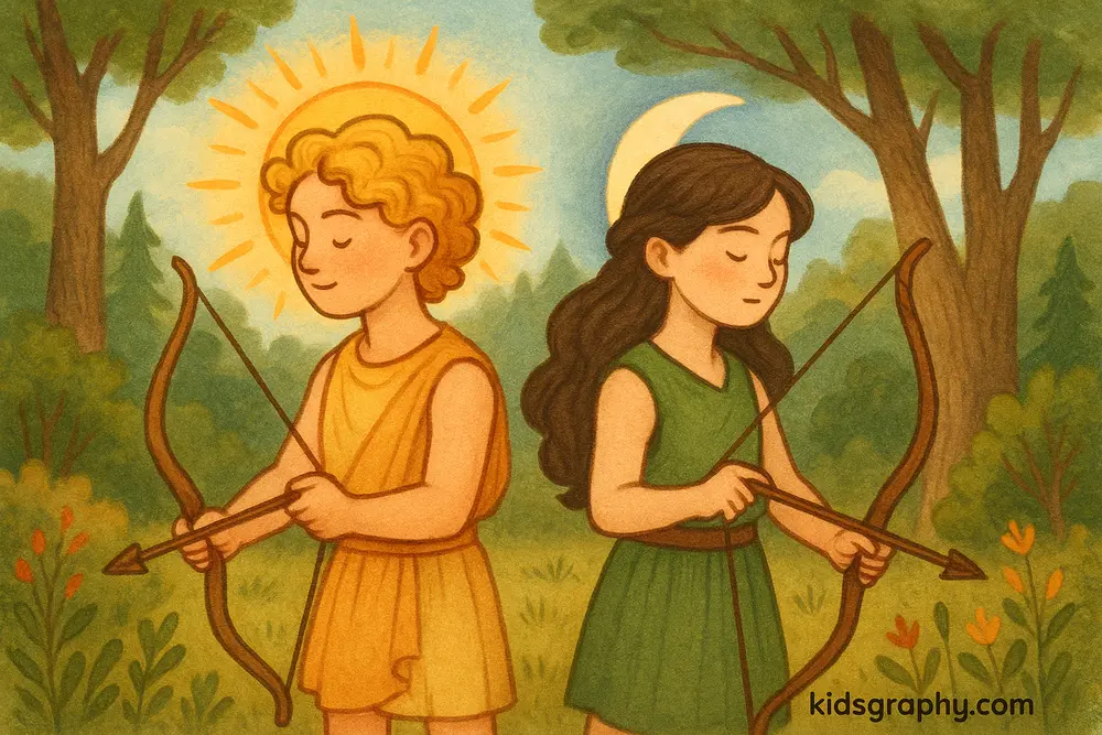 Apollo and Artemis twins in Greek mythology with bows.
