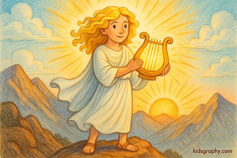 Apollo holding a lyre with sunlight behind him in Greek mythology.