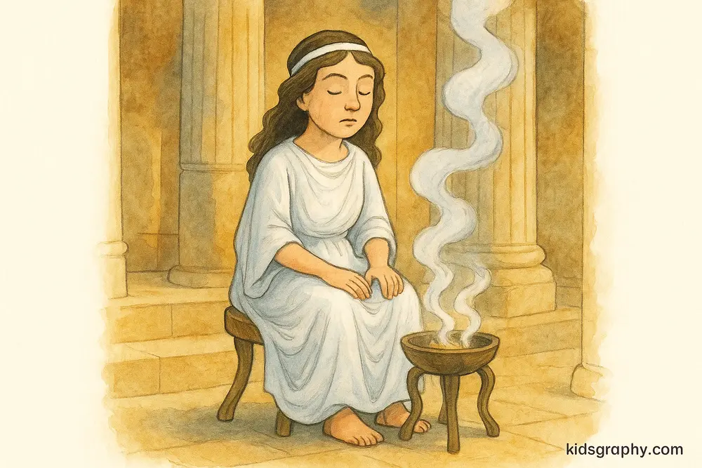 Pythia oracle priestess at the Temple of Apollo in Delphi.
