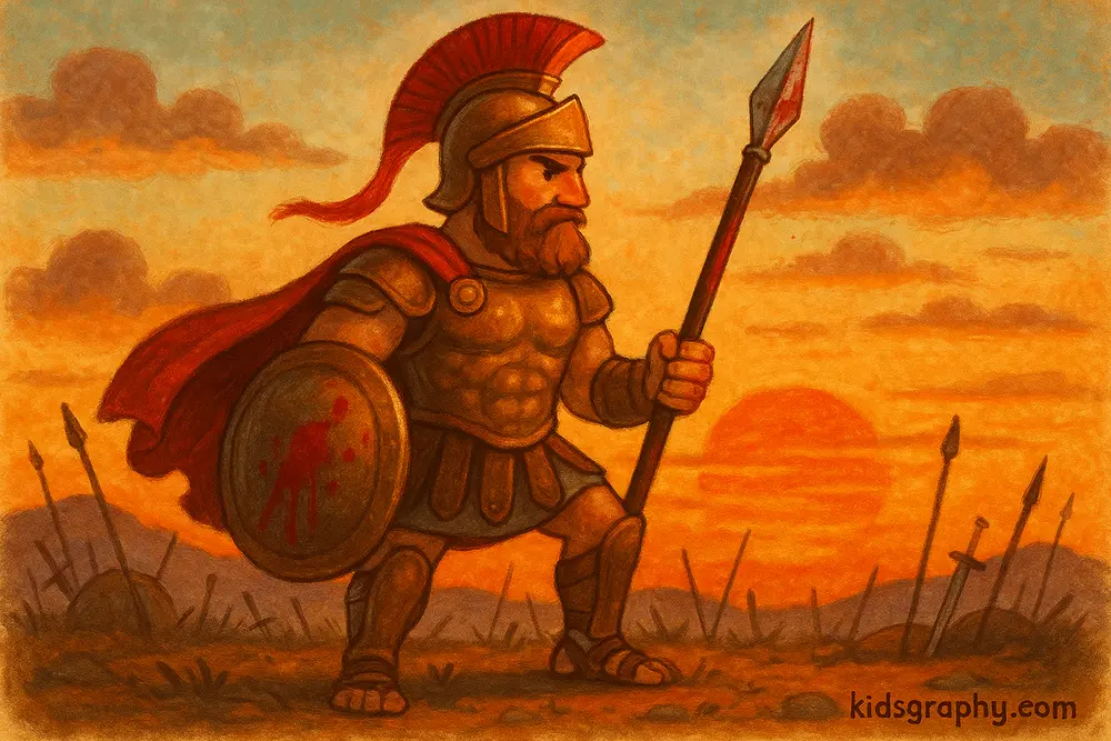 Ares in Greek armor with spear and shield.