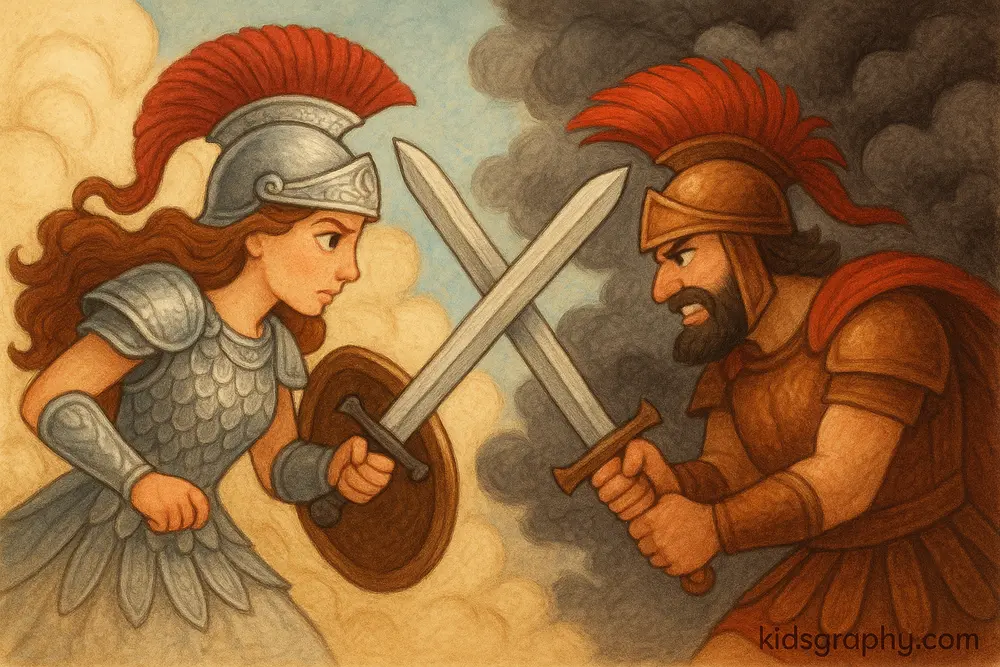 Ares battling Athena in Greek mythology symbolism.