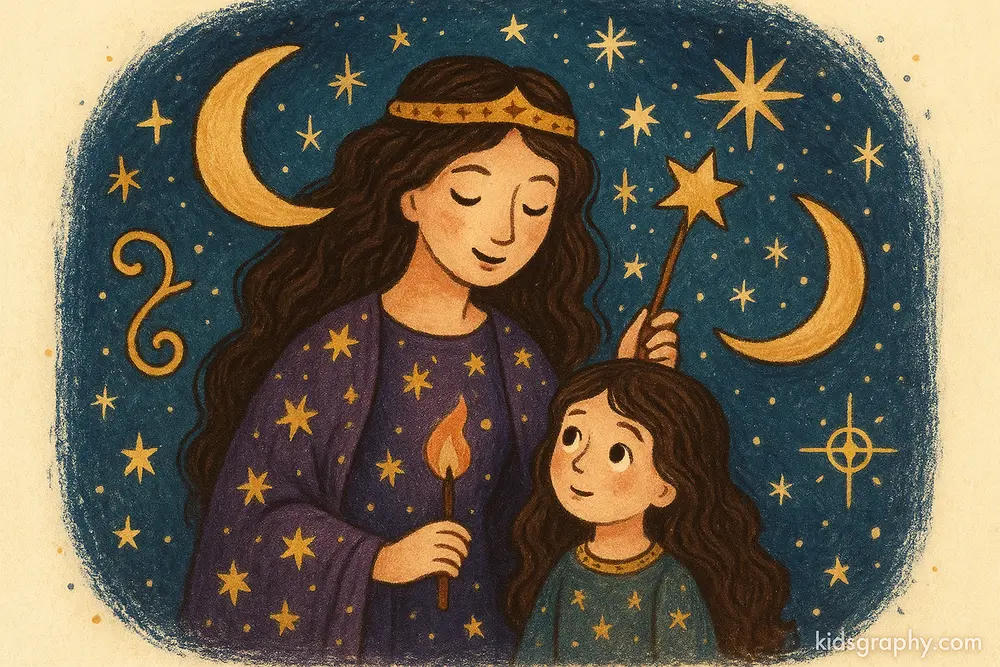Asteria and Hecate with symbols of magic and stars.