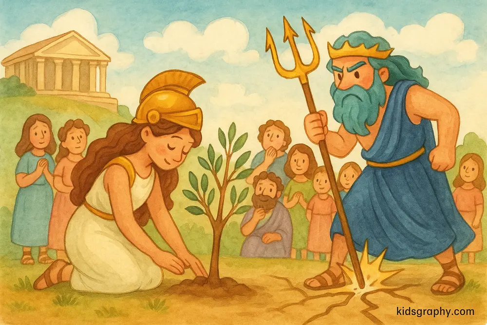 Athena and Poseidon offering gifts to the people of Athens.