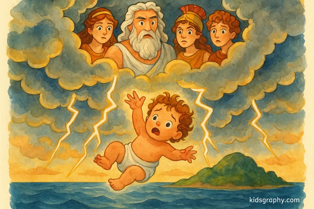 Baby Hephaestus falling from Mount Olympus in Greek mythology