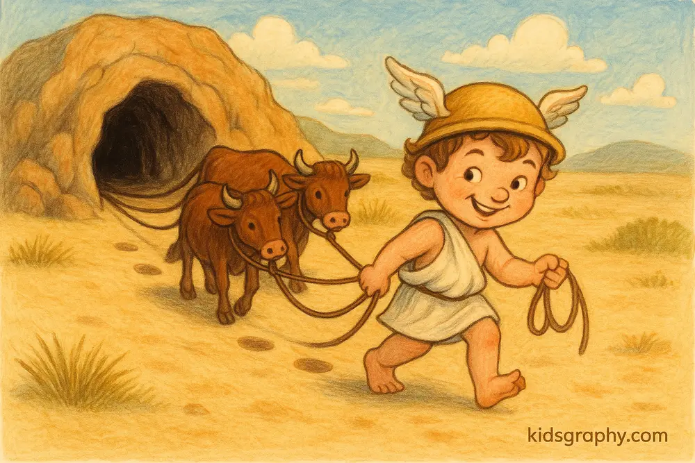 Infant Hermes stealing cattle from Apollo in a Greek myth scene.