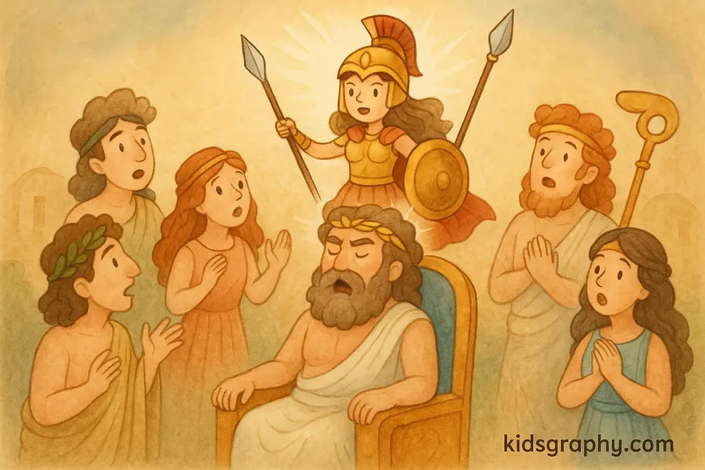 Athena emerging fully formed from Zeus's head.