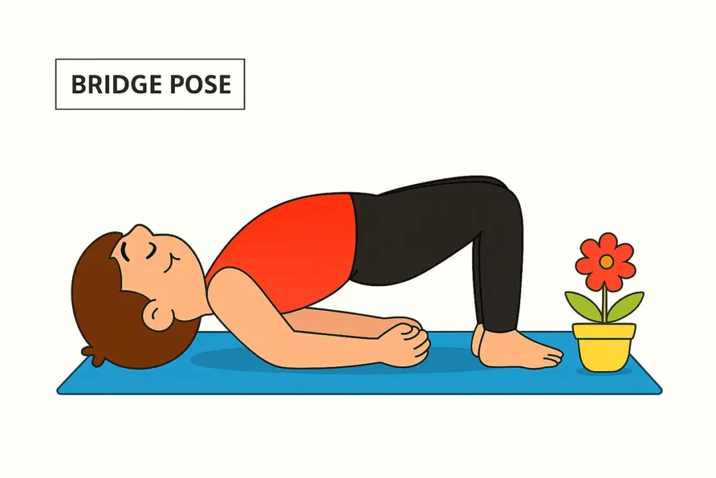 Cartoon illustration of a child doing Bridge Pose (Setu Bandhasana) yoga on a mat