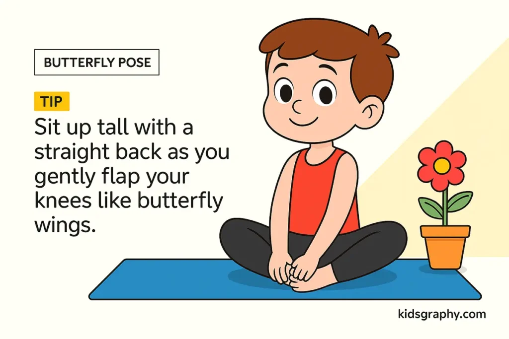 Kid doing Butterfly Pose on a blue yoga mat with a flower pot in the background.