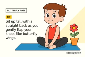 Kid doing Butterfly Pose on a blue yoga mat with a flower pot in the background.