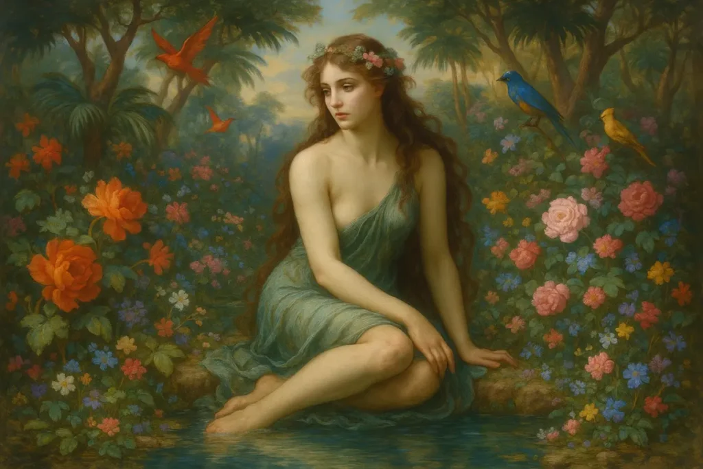 Calypso sits alone in the garden of her enchanted island.