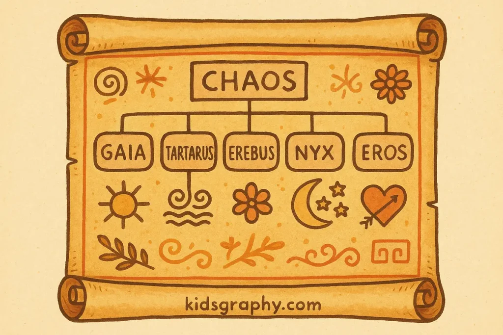 Chaos family tree from Greek mythology showing primordial offspring.