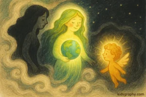 Primordial beings Gaia, Nyx, and Eros emerging from Chaos.