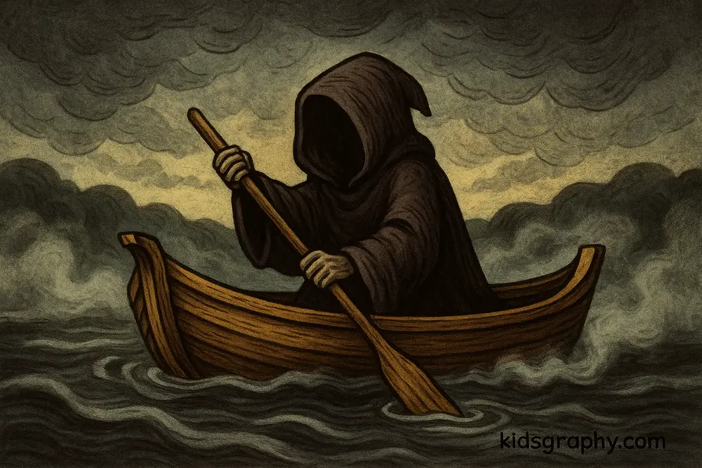 Charon rowing a boat across the River Styx in Greek mythology.