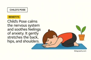 Child in Child’s Pose resting on a yoga mat with arms stretched forward.