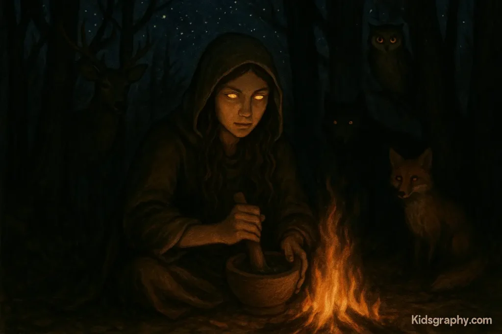 Circe alone practicing her magic on her island.