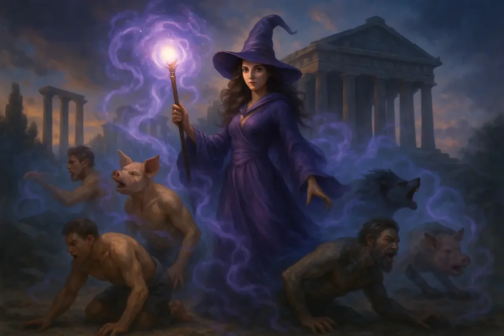 Circe casting magic to turn men into animals in Greek mythology.
