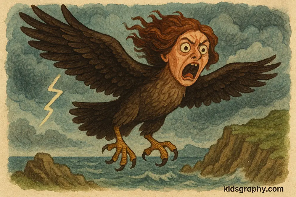 Harpy with bird body and female face flying through a Greek storm.