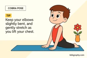 Cartoon child performing Cobra Pose on a mat with a flower pot beside.