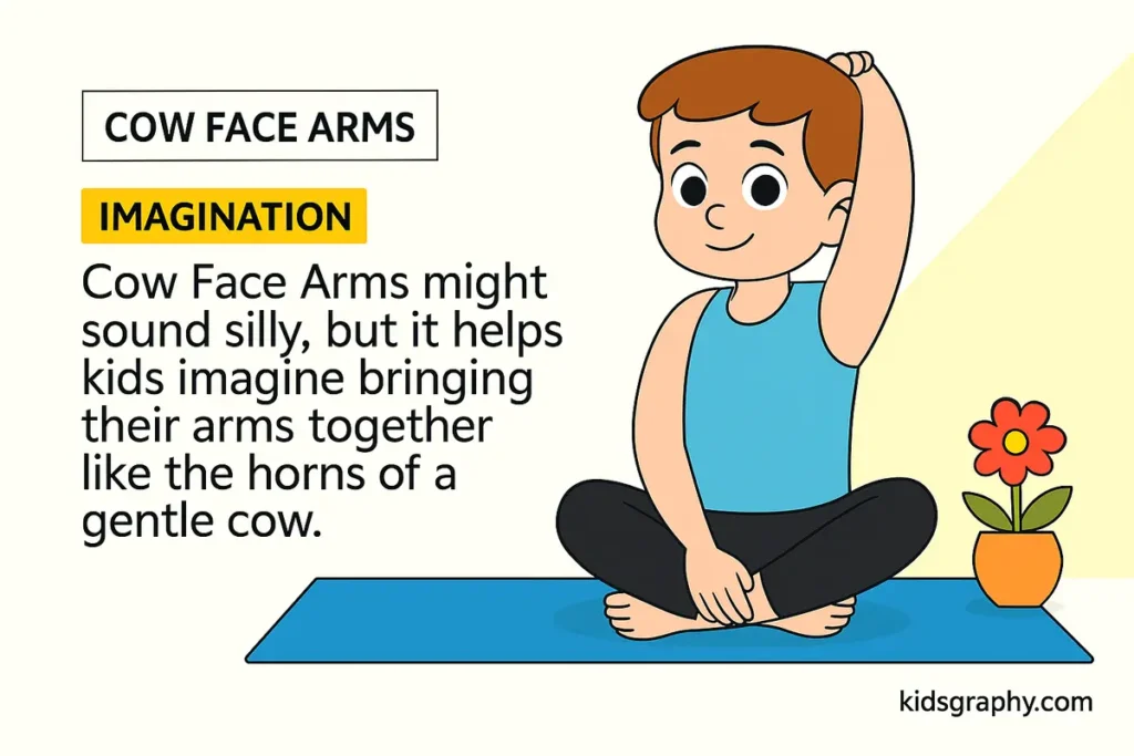 Young boy practicing Cow Face Arms Pose (Gomukhasana) on a yoga mat