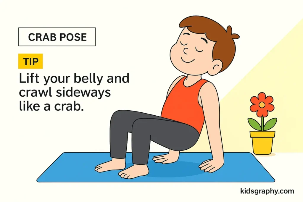 Cartoon illustration of a boy doing Crab Pose yoga on a mat with a red flower beside him