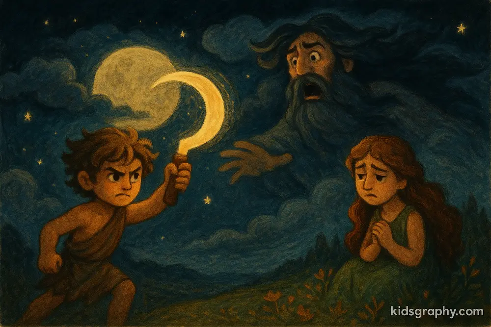 Cronus cutting down Uranus in a dramatic Greek mythology scene.