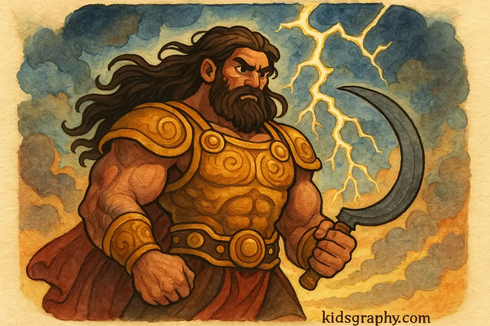 Cronus holding the curved sickle in Greek mythology.