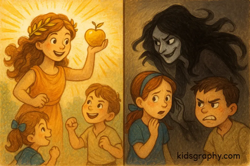 Dual depiction of Eris as both inspiring and destructive.
