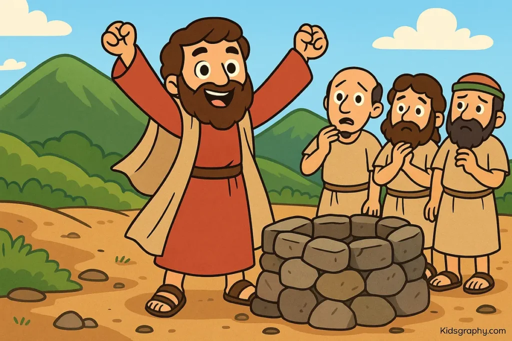 Elijah stands on Mount Carmel facing the prophets of Baal