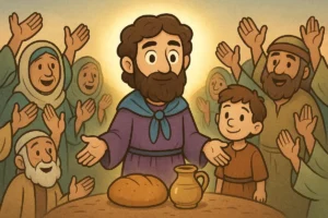 Elisha stands surrounded by people he helped