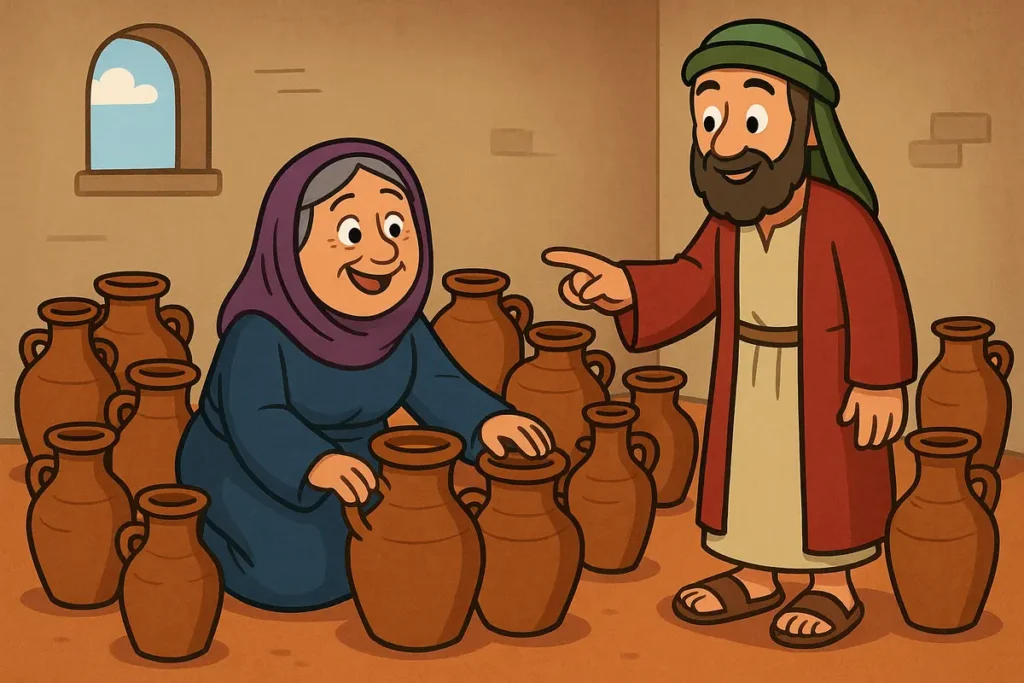 Elisha helps a widow fill jars with oil