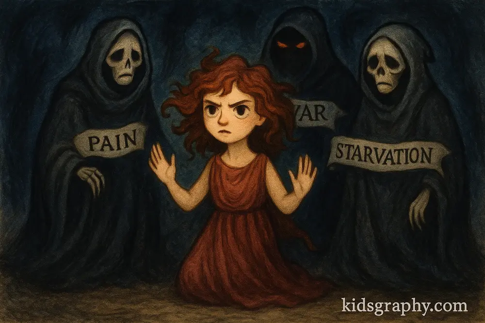 Eris surrounded by her mythological children in Greek legend.