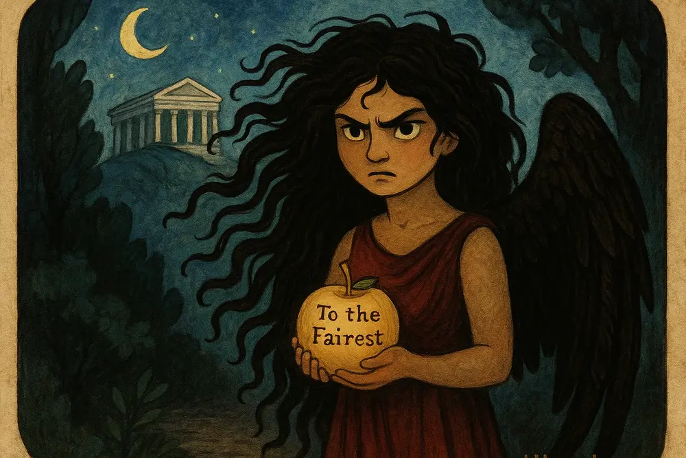 Eris holding the golden apple of discord in Greek mythology.