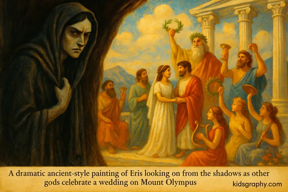 Eris watching Mount Olympus from the shadows in Greek myth.