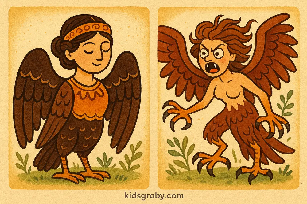 Comparison of early and later artistic depictions of harpies.