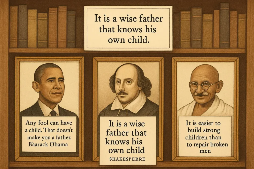 Elegant bookshelf scene with framed fatherhood quotes from leaders and authors.