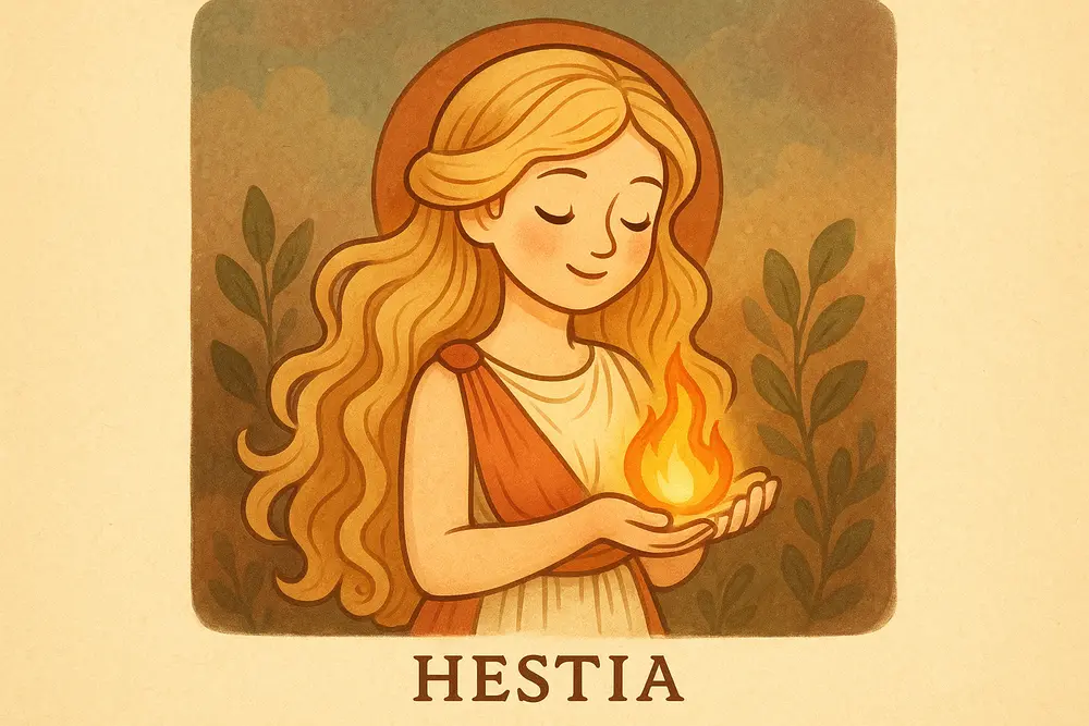 Fanart of Hestia holding sacred flame in Greek mythology.